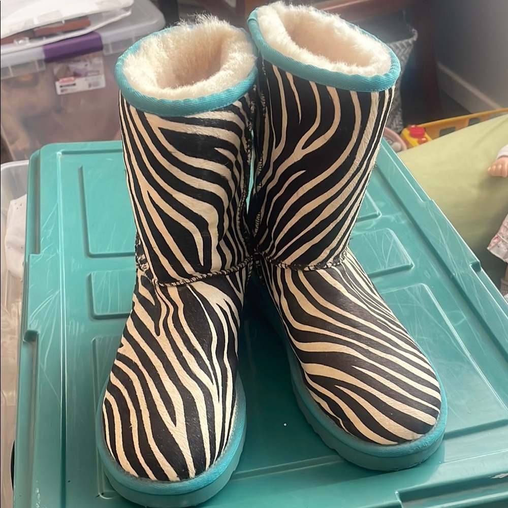Zebra Print Boots with Teal Trim